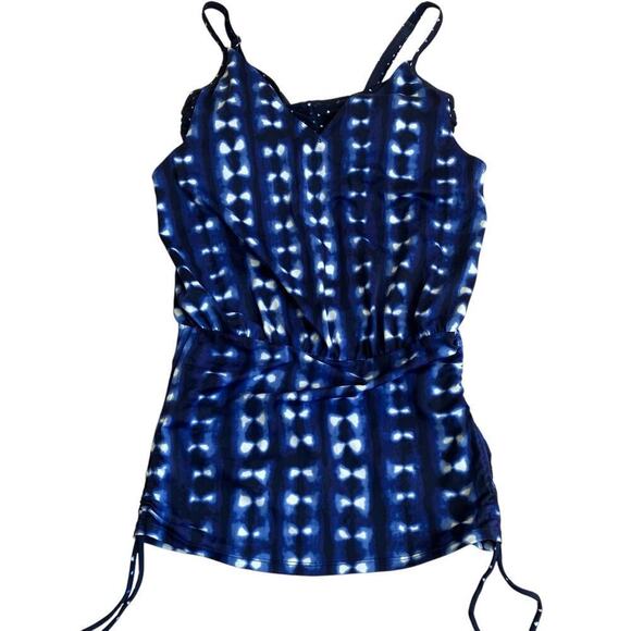 Athleta 32D/DD Mashiko Side Scrunch Blouson Tankini or Swim Dress Tie Dye Bue - Picture 8 of 16